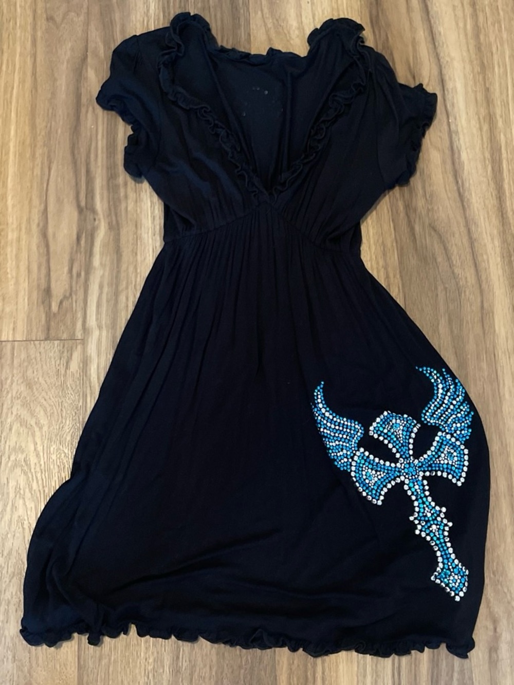 Shyanne Black V-Neck Dress with Blue Rhinestone Emblem
